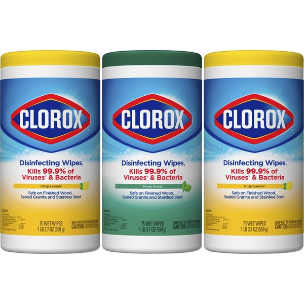 Clorox Disinfecting Bleach Free Cleaning Wipes Value Pack, Canister, Fresh; Crisp Lemon, White, 75 PK CLO30208CT